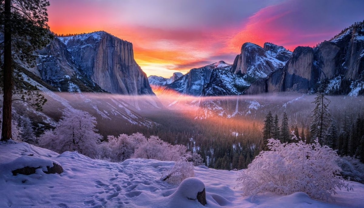 yosemite, national park, california, winter, snow, sunrise, scenic, landscape, outdoors, nature, morning, mountains, el capitan, autumn, tunnel, magenta, campsite, finished, colorful, hiking
