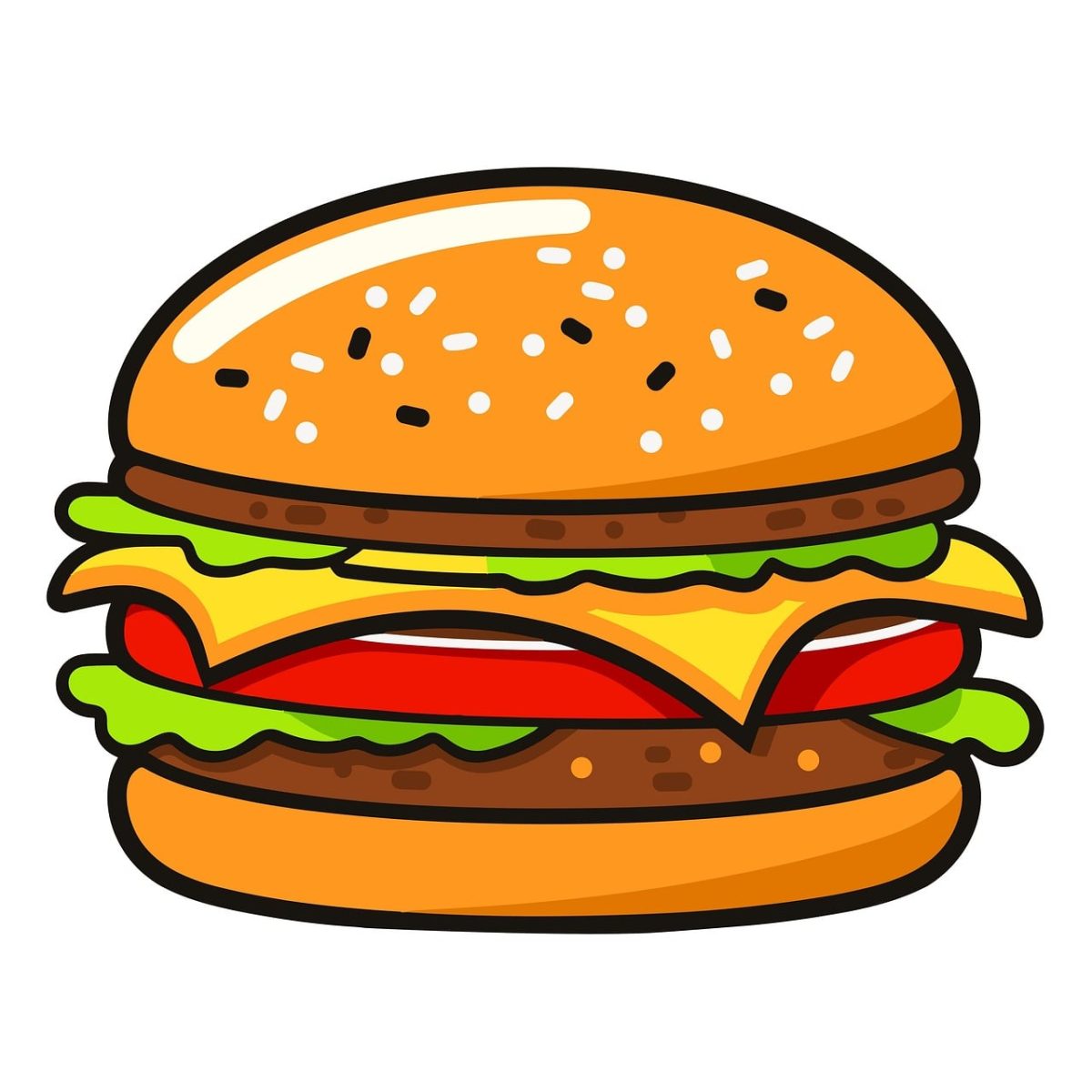 burger, cheese, lettuce, tomato, cartoon, sesame seeds, cartoon style, picnic, fast food, diet, american cuisine, catering, food, regular snacks, passion, restaurant, bread, duplicate