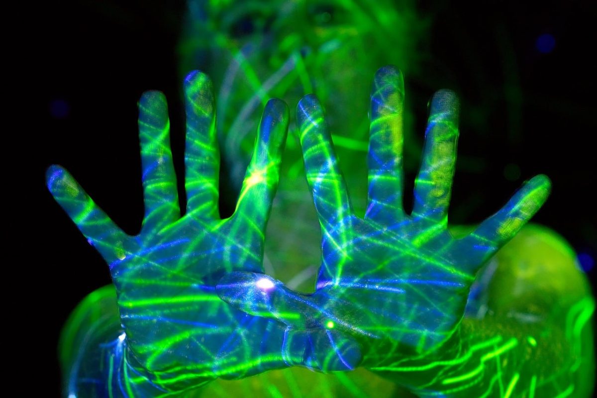 green, neon, hands, light, art, dark, digital, projection, light show, open hand, gesture, darkness, fluorescent, night, body, glow, vision, optical, vitality