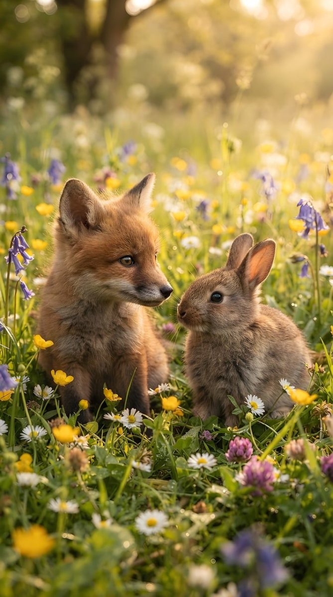 fox, rabbit, meadow, wildflowers, friendship, cute, kit, sunshine, natural, spring, nature, sunlight, peaceful, evening, golden hour, animals, outdoor, adorable, summer, bunny