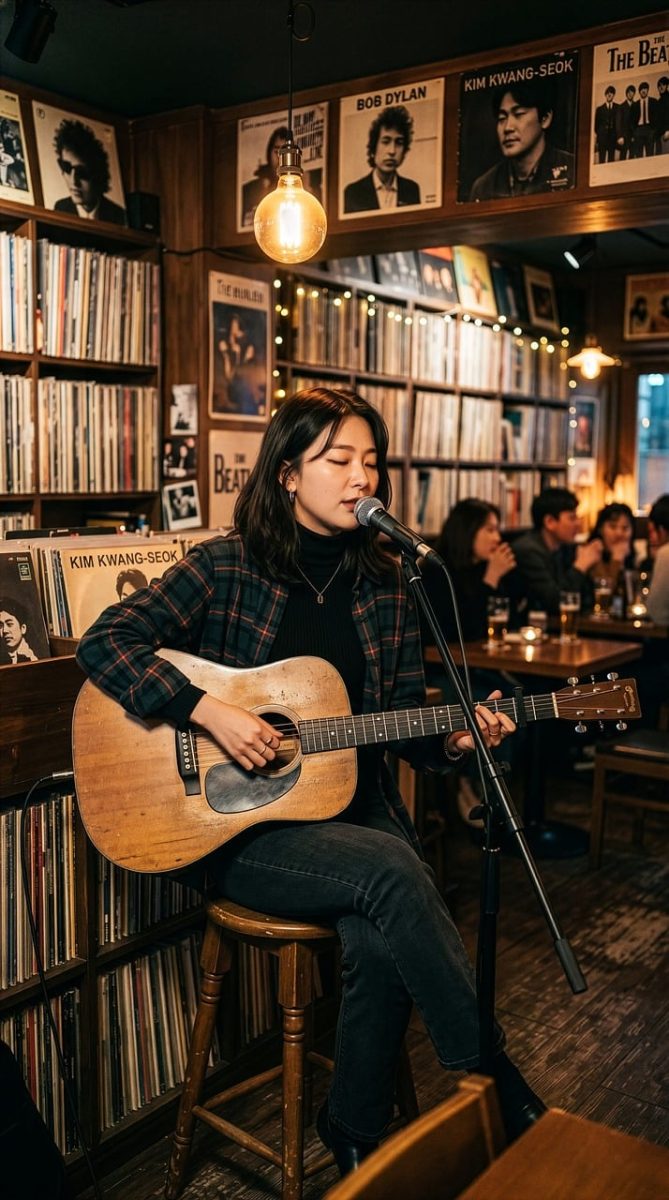 musician, guitar, singer, café, interior, evening, performance, library, lighting, student, friends, entertainment, nostalgia, shirt, vinyl records, guitarist, acoustic guitar, woman, classical music, creativity