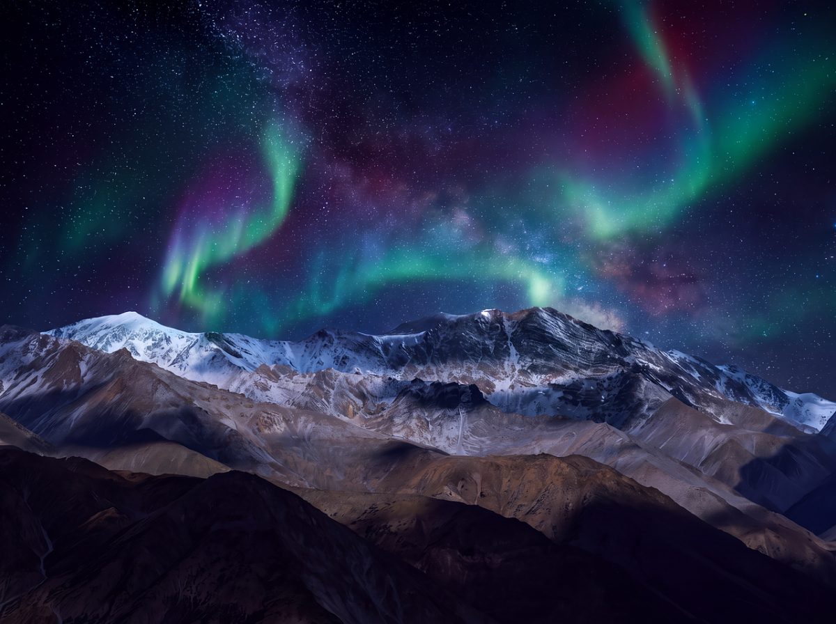 aurora borealis, starry sky, mountains, night scene, snowy mountains, green aurora, moon, astronomy, winter landscape, space, northern lights, clear sky, nature, night photography, starscape, tranquility, silent night, scenic view, alps