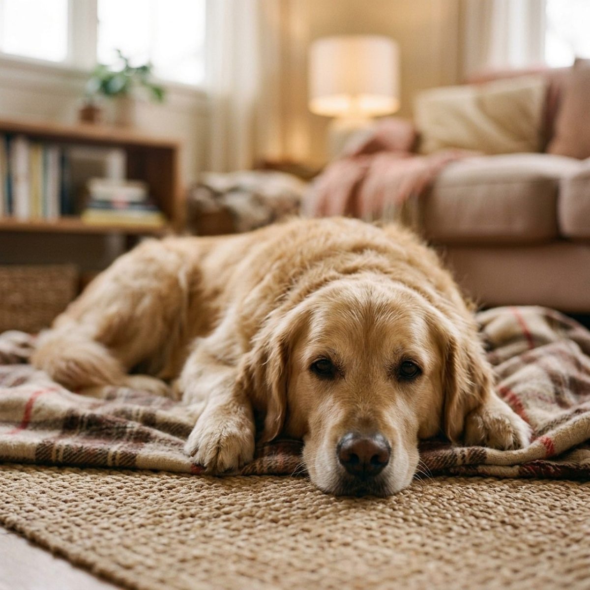 golden retriever, dog, living room, animal, blanket, lighting, cozy interior, relaxation, lounge, pet, comfy, decor, comfort, floor, home, sofa, window, lamp, bookshelf, coziness, furry friend
