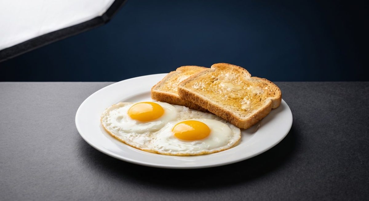 fried eggs, sunny side up, breakfast, toast, buttered toast, fried bread, yolk, white plate, white porcelain, slate table, blue background, studio lighting, delicious, meal, food, morning, gourmet, culinary, appetizing, simple