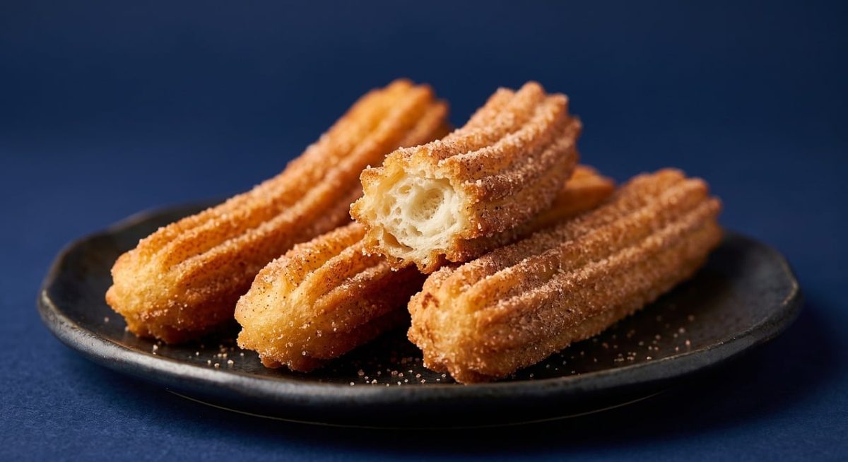 churro, fried dough, sweet, dessert, cinnamon sugar, crispy, golden brown, plate, slate table, blue background, studio shot, delicious, treat, spanish food, traditional, sweet tooth, edible, delicacy, tidbit, split, hollow