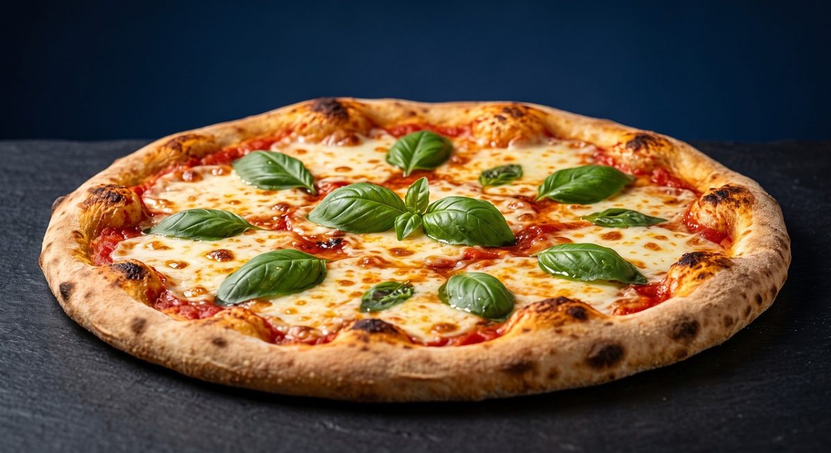 pizza, margherita, mozzarella, fresh basil, tomato sauce, golden crust, plate, slate surface, blue background, studio shot, delicious, gourmet, traditional, cheesy, appetizing, crusty, baked, tasty