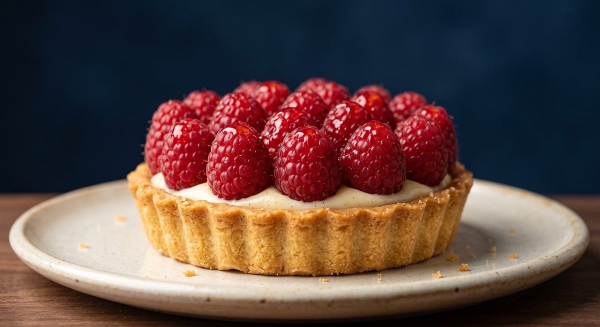 tart, raspberry tart, dessert, fresh raspberries, cream filling, wooden surface, blue background, delicious, white plate, studio shot, red, glaze, fruit, vanilla custard, sweet, fresh, baking, fruit tart, treat, bakery