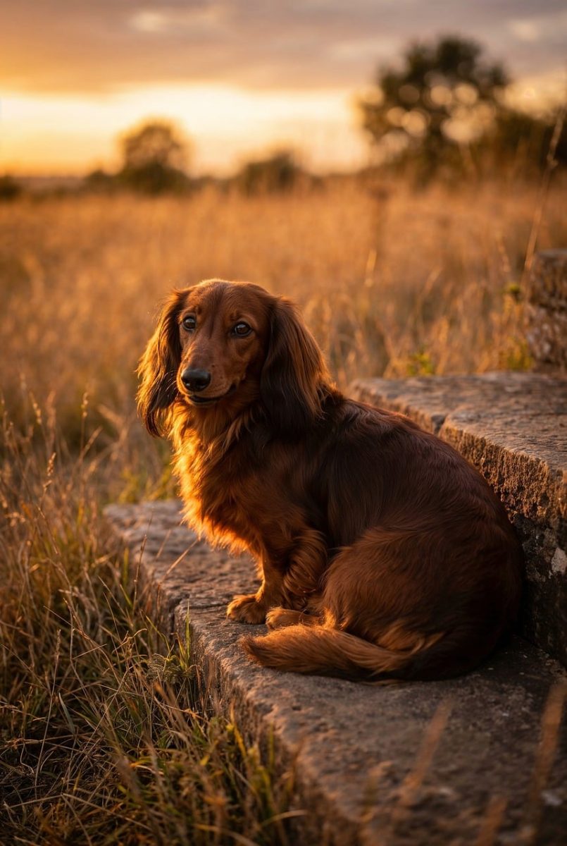 dog, dachshund, autumn, grass, sunset, outdoors, nature, landscape, light, golden hour, pet, fluffy, sitting, animal, gaze, exploring, calm, stones, walk, warmth, plan