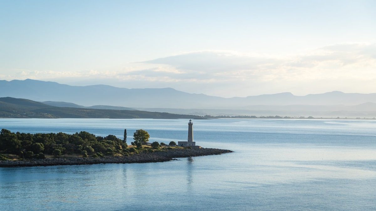 lighthouse, sea, coast, island, mountains, nature, blue sky, sunny, panorama, calm, relaxation, scenery, dawn, morning, landscape, water, quiet, calm sea, distance, summer