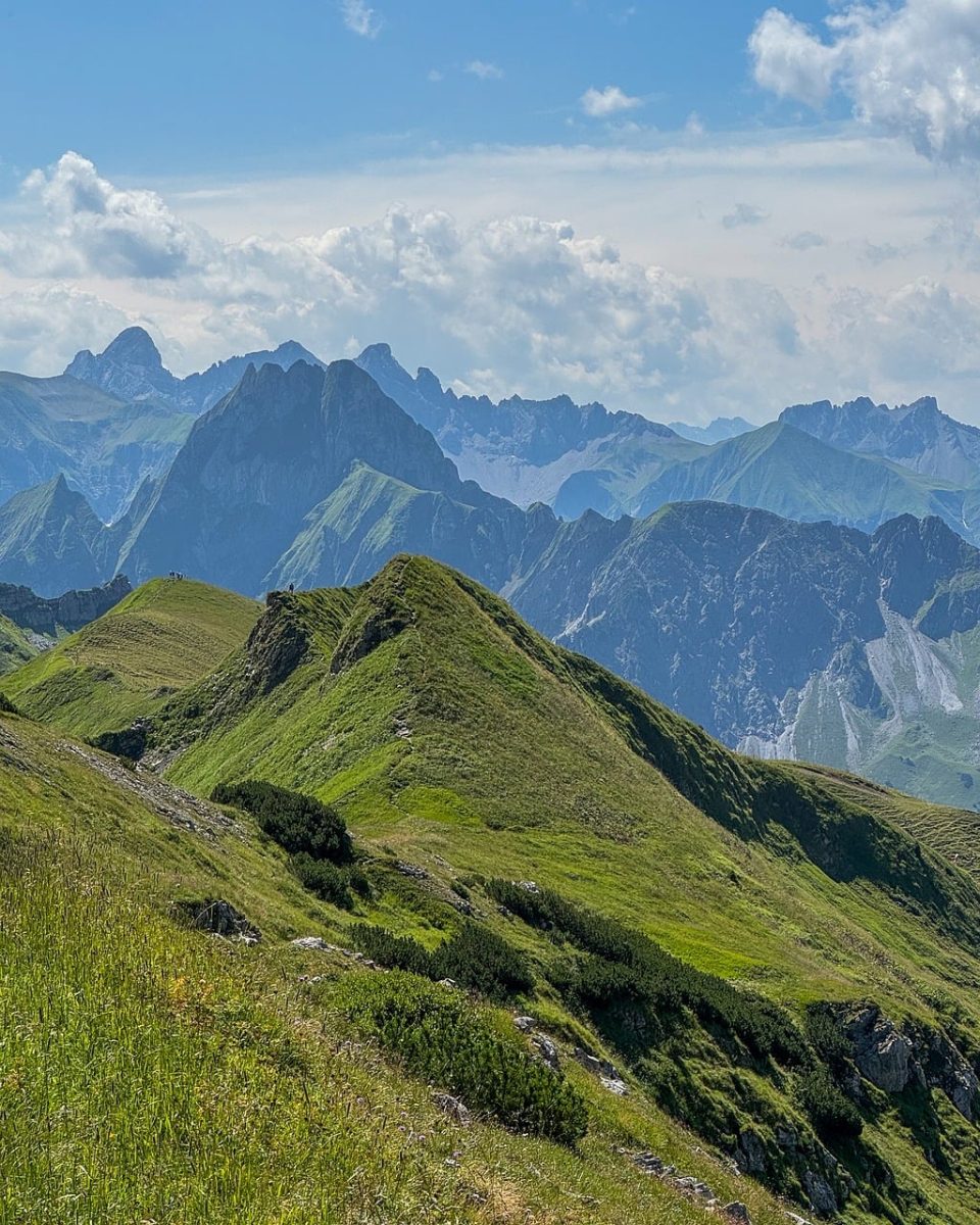 mountains, alps, sky, clouds, summer, natural beauty, hiking, panorama, meadows, grass, tourist destination, view, mountain vacation, excursion, mountain paradise, flora, idyll, nature, holiday