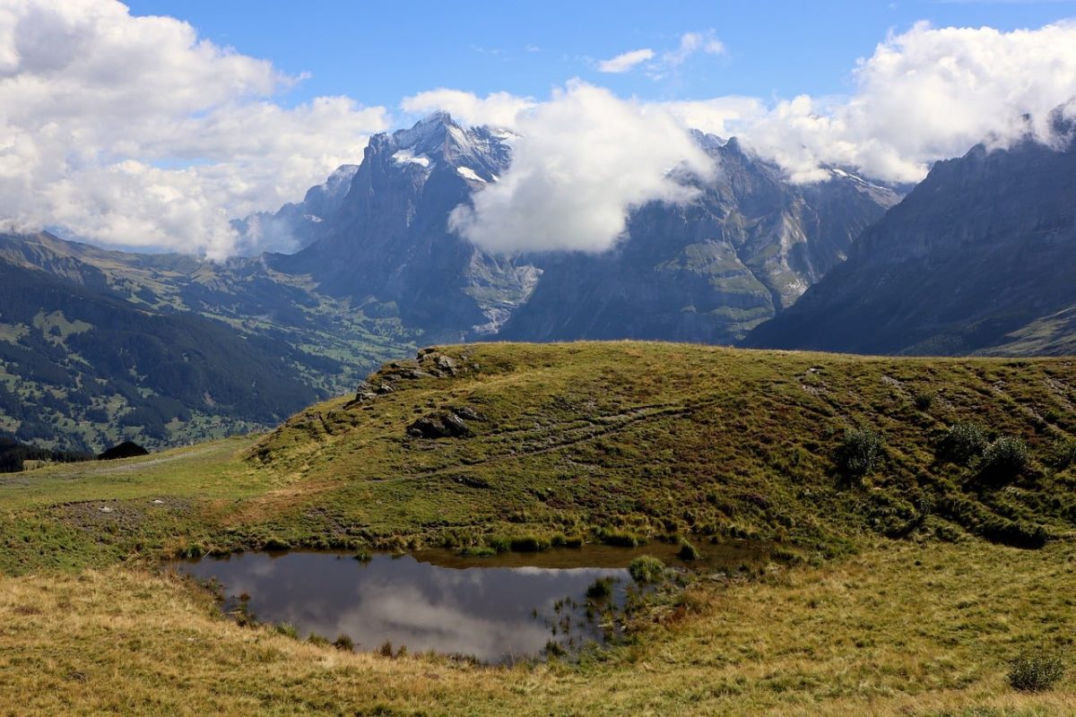 mountain, switzerland, valley, lake, nature, alps, sky, clouds, grass, landscape, hiking, mountain hiking, swiss alps, view, pasture, excursion, environment, serenity, soul purification, relaxation