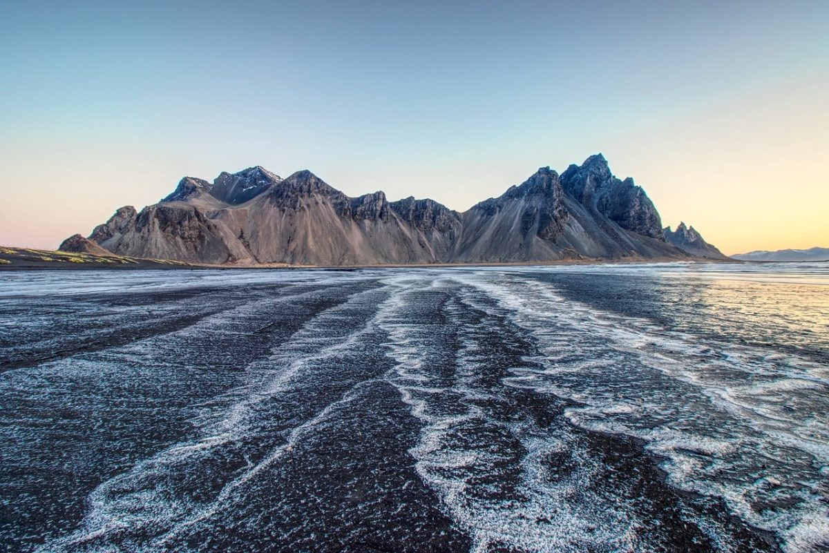 vestrahorn, beach, black sand, mountains, stokksnes, nature, landscape, sunset, sea, coast, iceland, water body, sunrise, volcanic, hiking, calm, blue, isolation, natural beauty