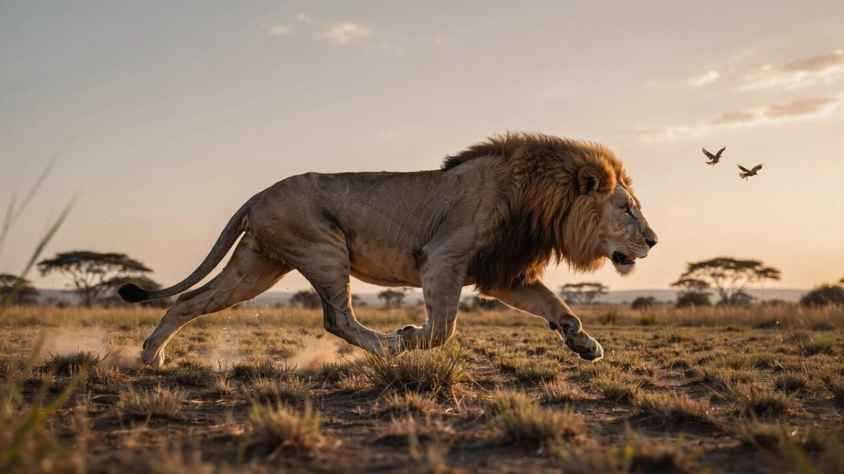 lion, animal, nature, wild, savanna, predator, running, sunset, grass, wildlife, majestic, hunting, dry grass, natural environment, mammal, king of the jungle, mane, grassland