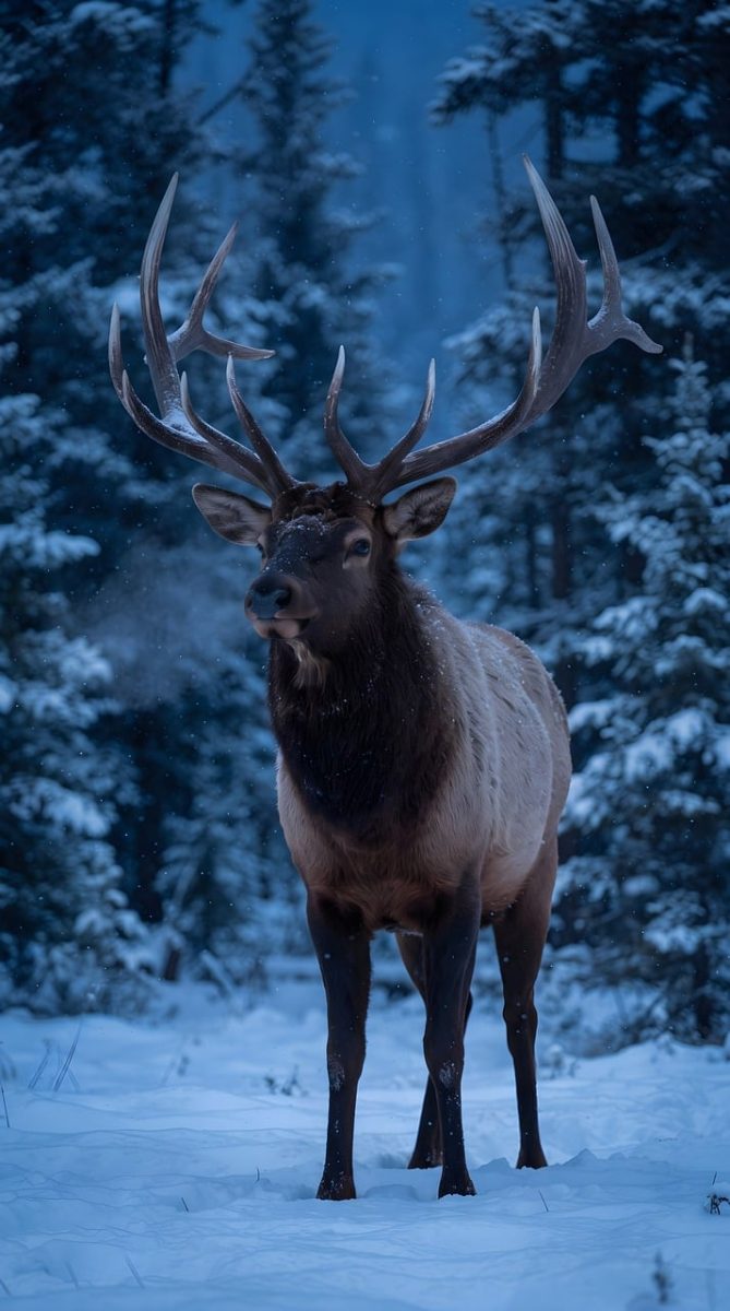 elk, bull, winter, snow, antlers, wildlife, forest, nature, majestic, twilight, wapiti, deer, outdoor, pine, wilderness, animal, evening, serene, mountain, blue hour