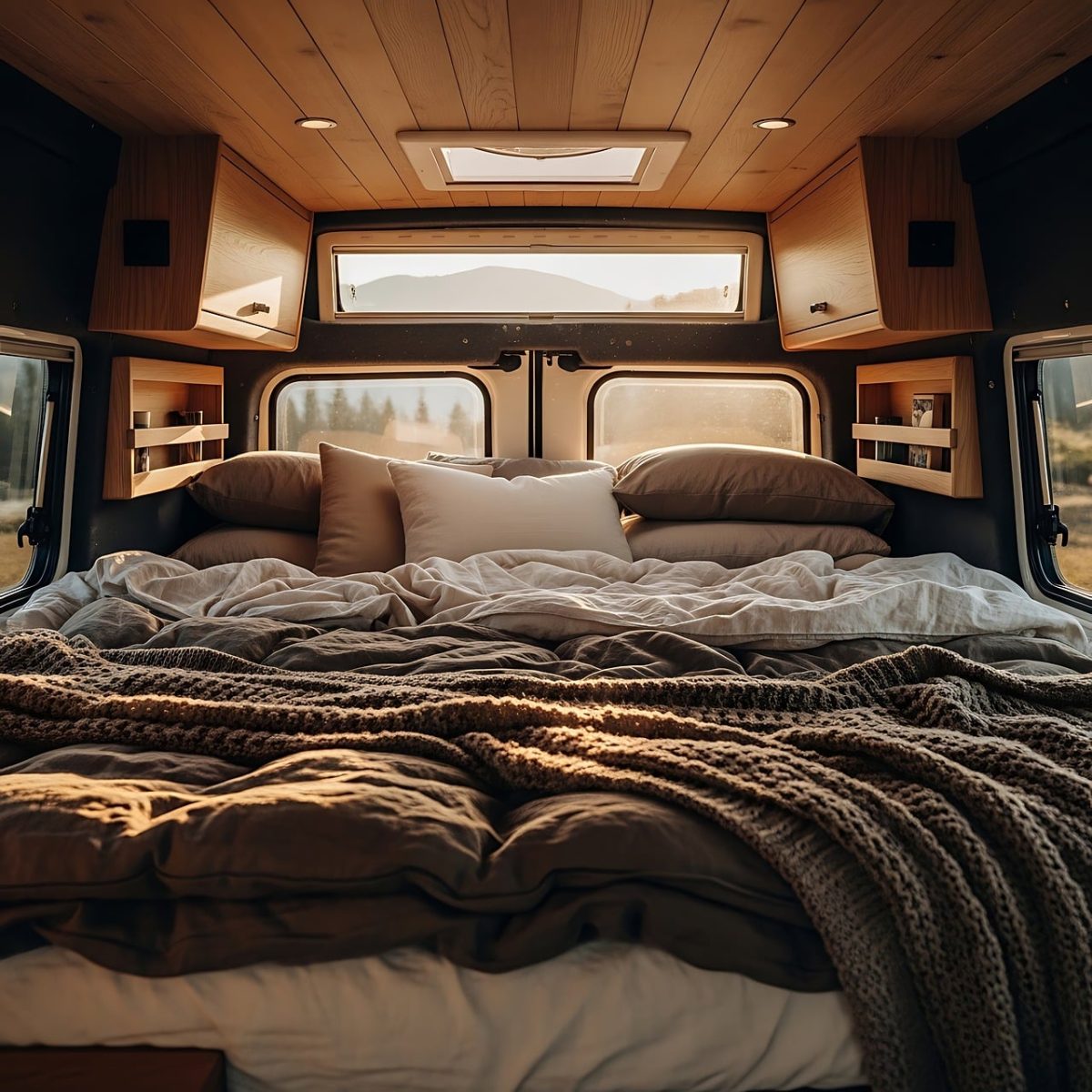 ai generated, campervan, vanlife, bedroom, interior, bed, cozy, wood, travel, home, roadtrip, lifestyle, adventure, architecture, vehicle, vacation, mobile home, comfortable, nature, recreational, minimalism, bright interior