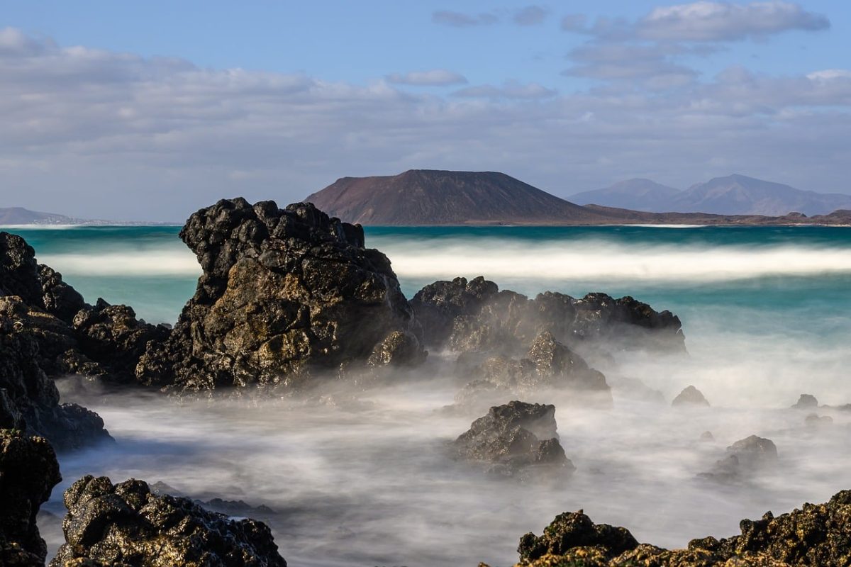 coast, ocean, rocks, waves, landscape, water, horizon, islet, canary islands, sky, spain, nature, shades of blue, tourism, untouched, wide angle, geology, volcanic, view