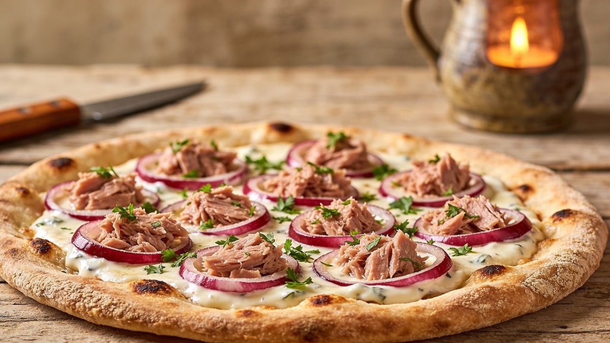 pizza, pizzeria, restaurant, tuna, onion, cheese, red onion, herbs, candle, wooden table, traditional italian dish, baking, lunch, gastronomy, food, italian cuisine, fresh herbs, culinary experience