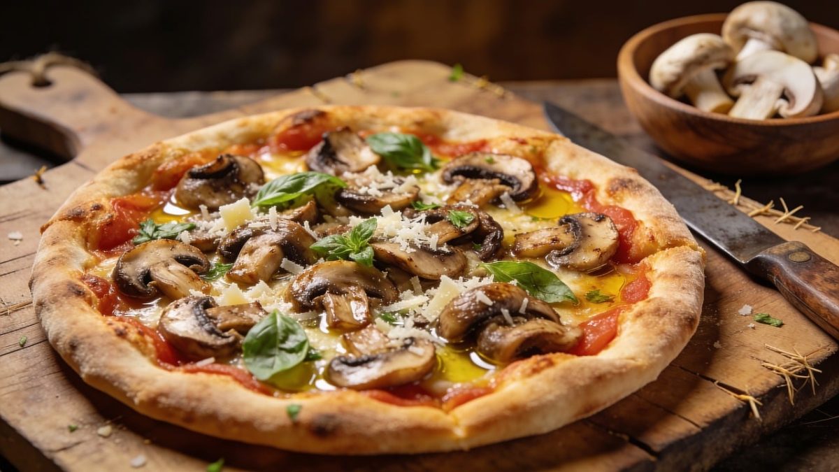pizza, mushrooms, cheese, basil, tomato sauce, crispy, casual, table, wooden, dish, pizzeria, restaurant, gourmet, baking, vitality, kitchen, pizzas, gastronomy, freshly baked, tasty