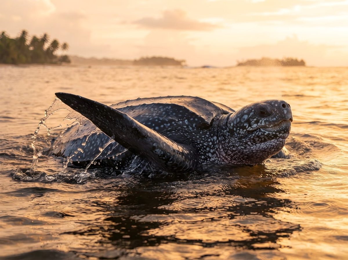 leatherback turtle, ocean, sunset, wildlife, nature, marine life, tropical, beach, swimming, golden hour, water splash, animal, reptile, endangered, conservation, travel, island, coastal, seascape