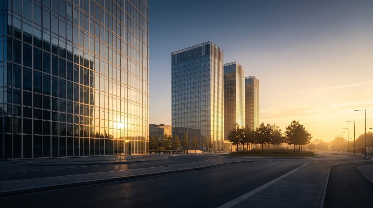 skyscraper, office building, modern architecture, glass facade, cityscape, nature, sunset, reflection, empty street, business district, dawn, commercial, metropolitan, contemporary, light, peaceful, urban, road, golden hour, sunlight, blue sky