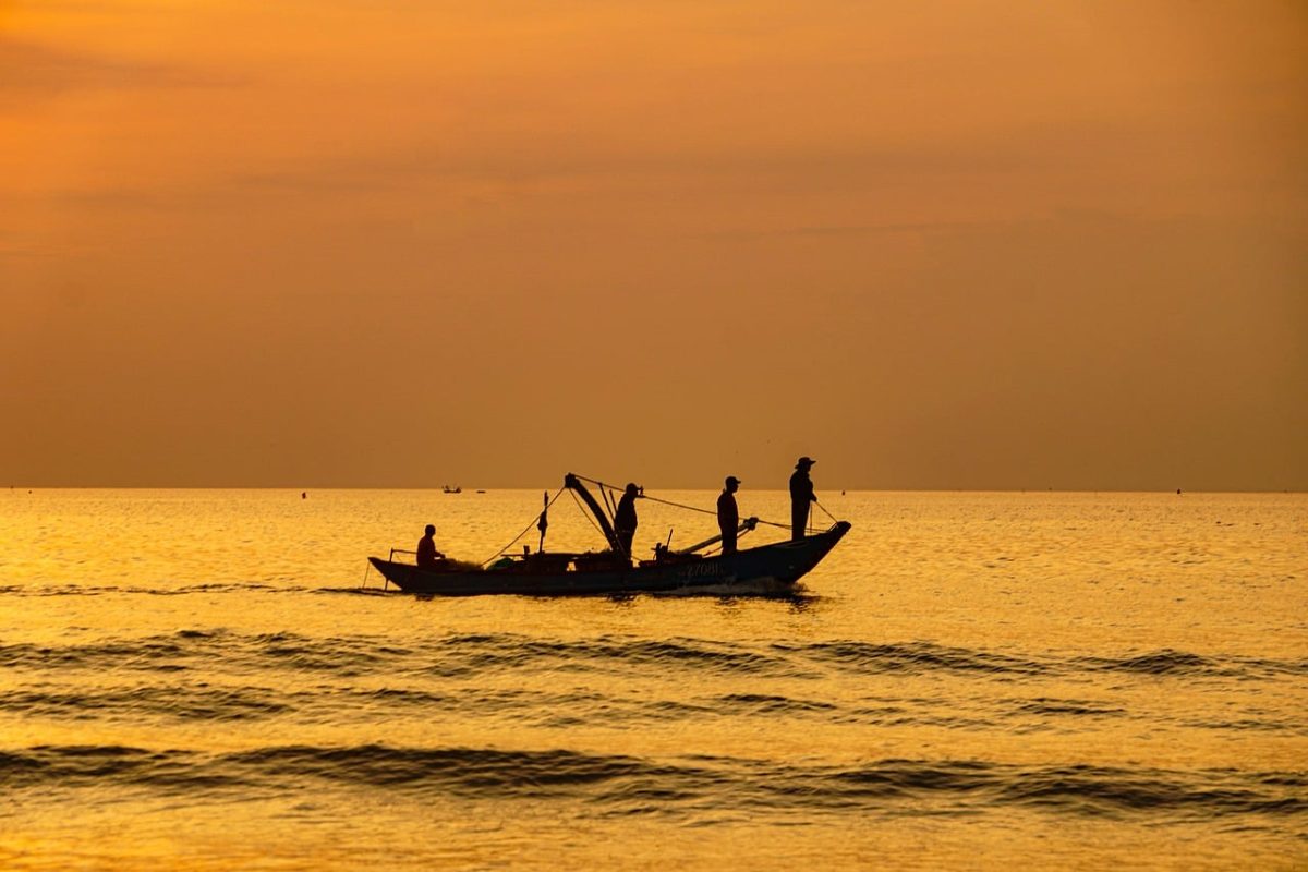 dawn, boat, sunrise, sea, silhouette, light, orange, fishing, coast, horizon, surface, soft light, calm, beautiful, evening, scenery, golden, calm water, morning sky, nature, serenity