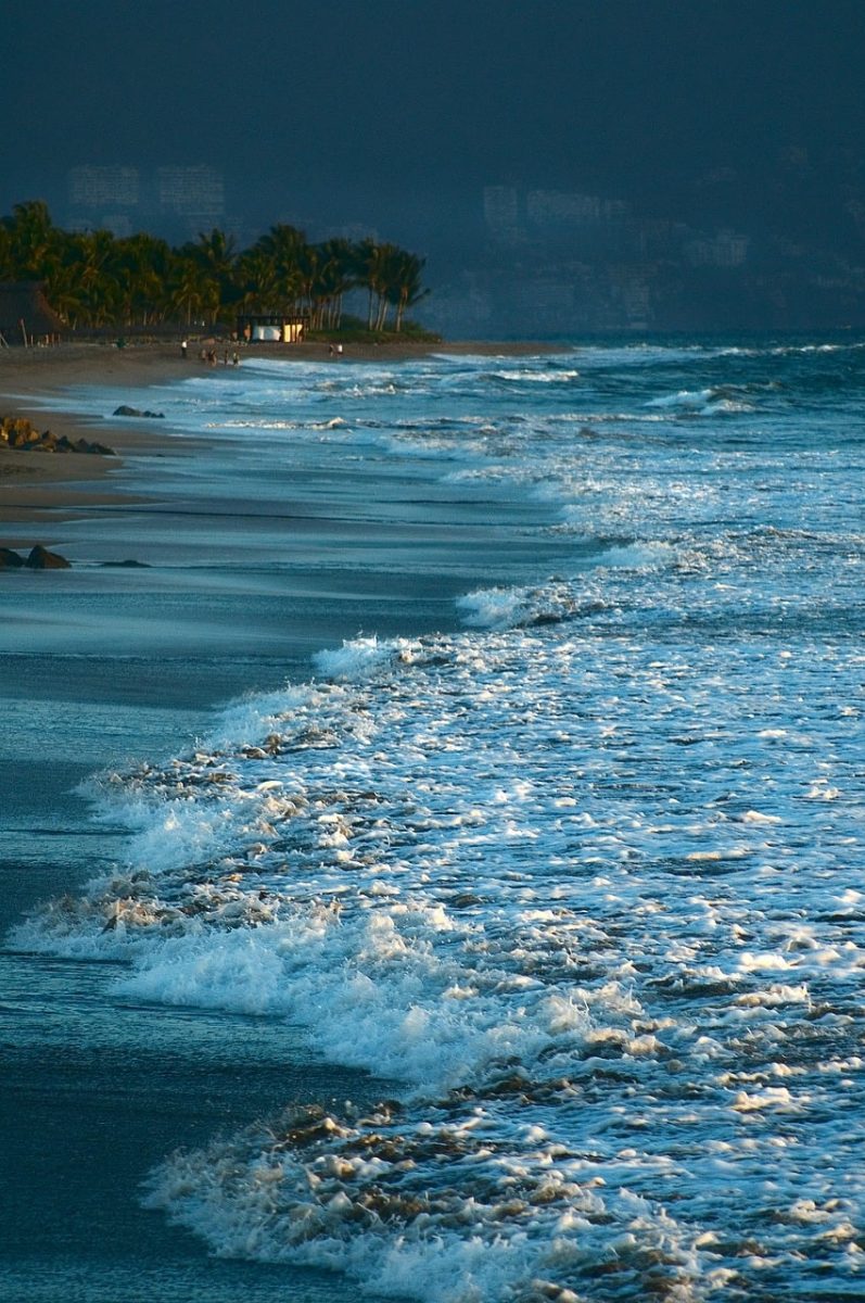 beach, wave, sand, coast, ocean, water, rocks, scenery, sunset, nature, outdoors, twilight, dusk, blue hour, seashore, low tide, wet, kayak, sailing, summer, mountains