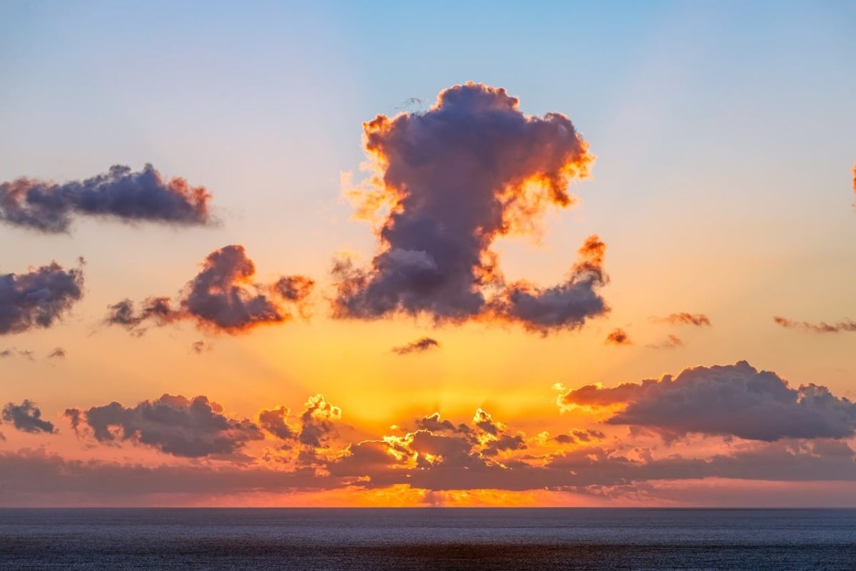 sea, ocean, clouds, sunrise, nature, sunset, landscape, dawn, sky, dusk, twilight, horizon, sun, beach, water, scenic, multicoloured, coloured ray, summer, natural scenery