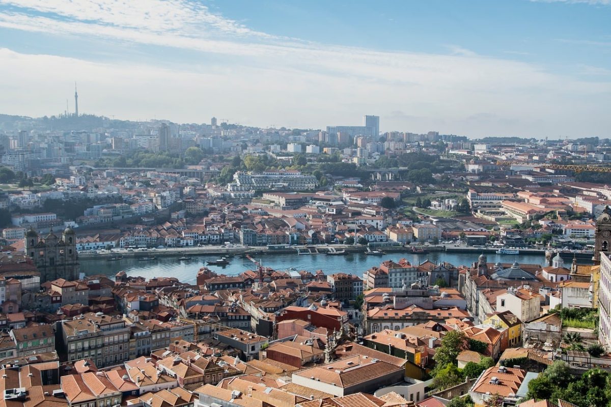 porto, portugal, city, river, architecture, buildings, rooftops, urban area, panorama, aerial view, clouds, blue sky, port city, historic, lisbon, recreational, transportation, europe, tourist destination, excursion