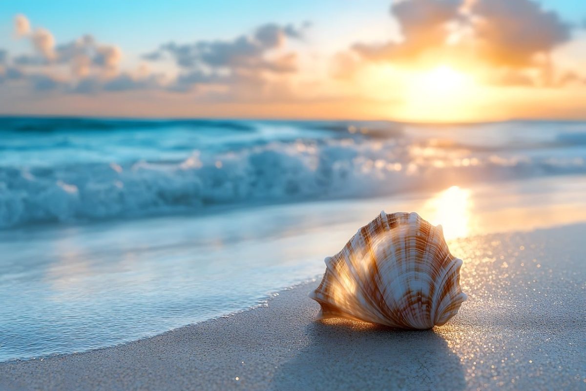 beach, seashell, sand, ocean, sun, horizon, clouds, texture, tropical, sunrise, water, waves, calm, sunset, glow, natural, beautiful, meditative, paradise, emotional