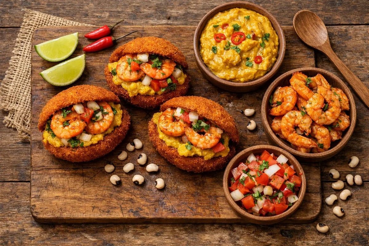 brazil, acarajé, shrimp, beans, black-eyed peas, spicy, wooden board, lime, tomato salad, wooden spoon, curry, south american, street food, picnic, exotic, traditional recipe, colorful, fruit, cashew