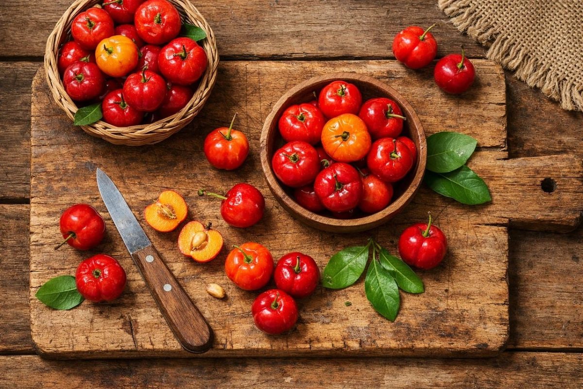 acerola, nature, tropical fruit, red fruit, vitamin c, fresh fruit, wooden bowl, leaf, superfood, healthy, nutrition, food, harvest, natural ingredient, board, wood, knife, seed, color contrast, rattan basket, multiple fruits