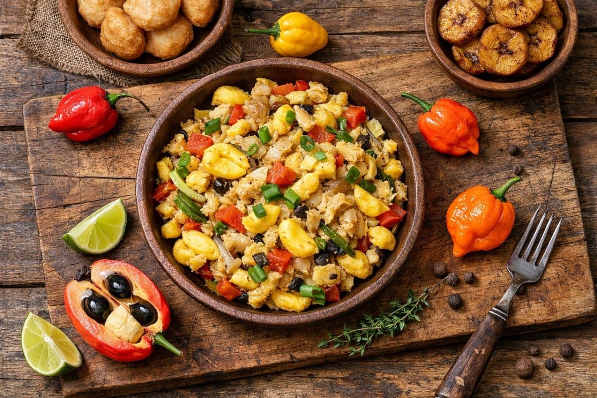 jamaican food, caribbean cuisine, salt cod, fried dumpling, fried plantain, pimento, lime, thyme, national dish, breakfast, calcium, vitamin c, starchy fruit, seasoning, traditional dish, caribbean spice, caribbean fruits, colored pepper, wooden table, red color, orange color