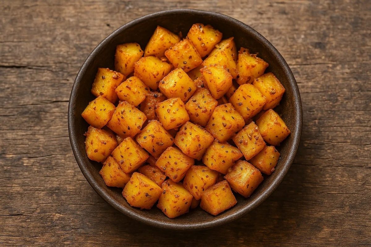 potato cube, aloo fry, fried potato, indian food, cumin, turmeric, side dish, vegetarian, bowl, wooden table, nutrition, spiced potato, wooden surface, home cooking, food on table, curry leaves, cultural food, spiced food, easy to make