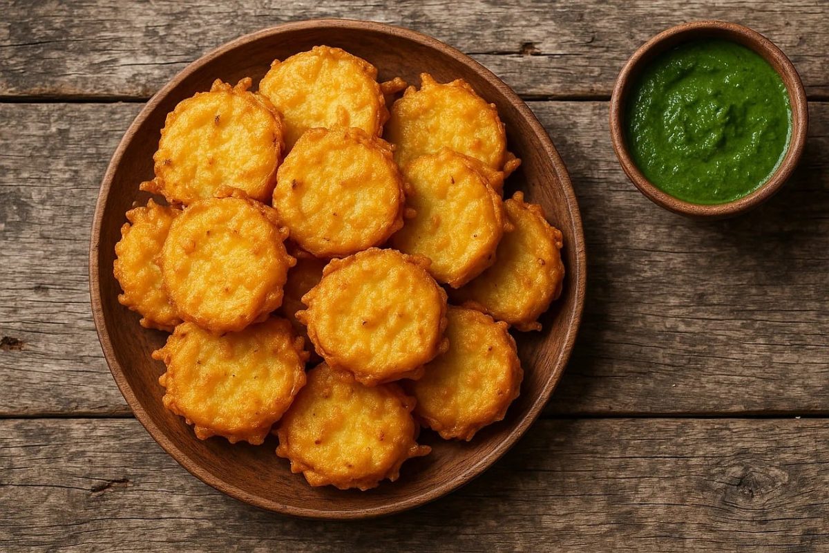 aloo pakora, pakora, fried, indian snack, potato fritter, street food, wooden plate, yellow, spicy, vegetarian, green chutney, crispy, gram flour, indian street food, traditional, comfort food, quick recipe, homemade food, snack
