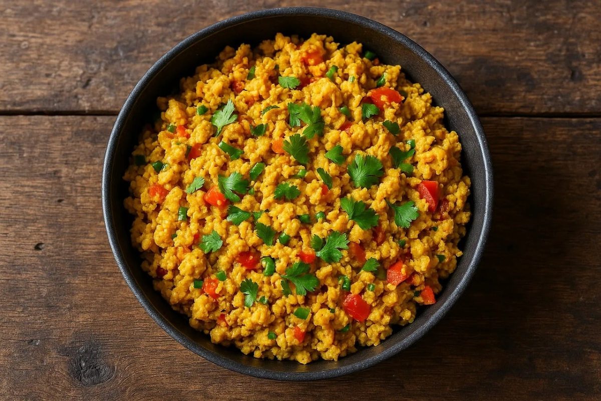 scrambled egg, egg, indian food, tomato, green chili, coriander, turmeric, breakfast, high protein, bowl, food, nutrition, black bowl, protein, cuisine, fresh herbs, indian spices, spicy food, home-cooked meal, nutrients