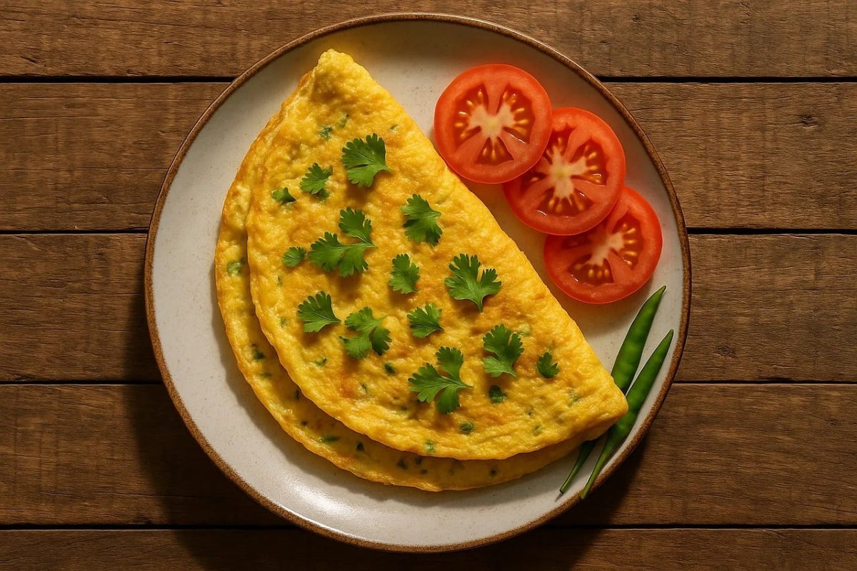 omelette, egg, indian omelette, folded omelette, tomato, green chili, coriander, high protein, breakfast, plate, food, nutrition, home cooking, wooden table, breakfast dish, fresh food, simple recipe, baked goods, rustic food, savory taste, herbs