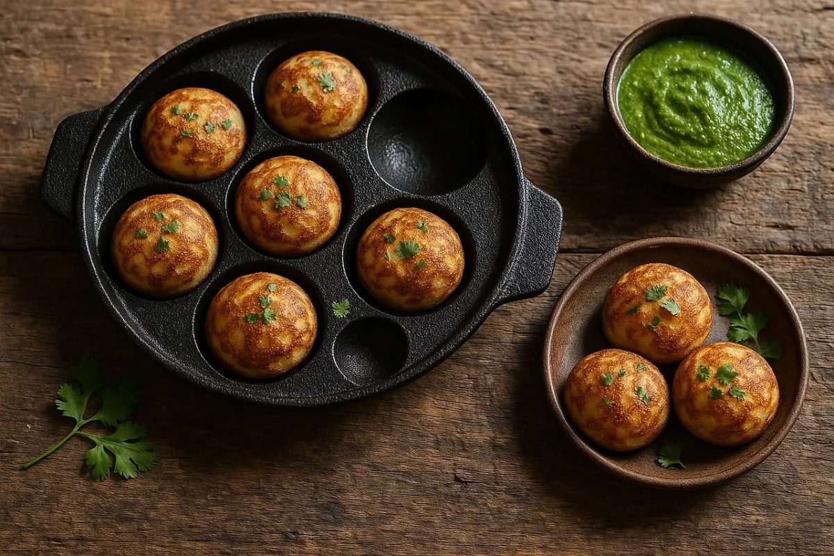 indian breakfast, rice dumplings, cast iron pan, green chutney, coriander, south indian food, snack, food, nutrition, steamed, vegetarian, spice, herb, curry leaves, colorful, wooden table, traditional food, cooking, homemade food, culture