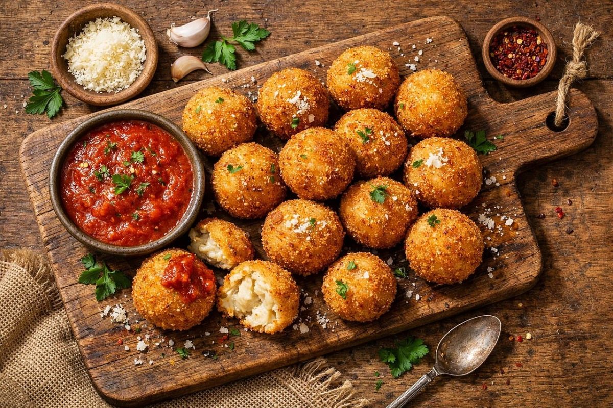 arancini, fried rice, breadcrumb, mozzarella, tomato sauce, parmesan, parsley, chili, appetizer, street food, food, cutting board, frying oil, garlic, wooden table, snack, guacamole, bowl, spoon, food details, italian cuisine