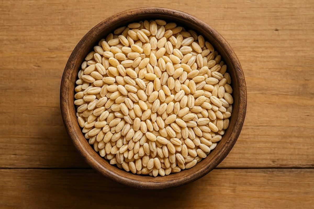 barley, pearl barley, grain, whole grain, wooden bowl, fiber, raw grain, pantry, healthy carb, nutrition, uncooked, food, wooden table, dried, cooking, ingredient, plant-based diet, carbohydrates, organic