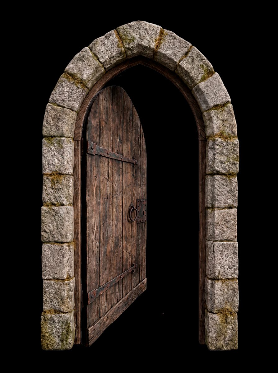 stone archway, wooden door, open gateway, arch, historic architecture, construction, medieval style, stone masonry, arched entrance, medieval castle, wooden door handle, rustic style, passageway, antiquity, traditional design, leafy arch, shady space, decorative element, grill, castle appearance