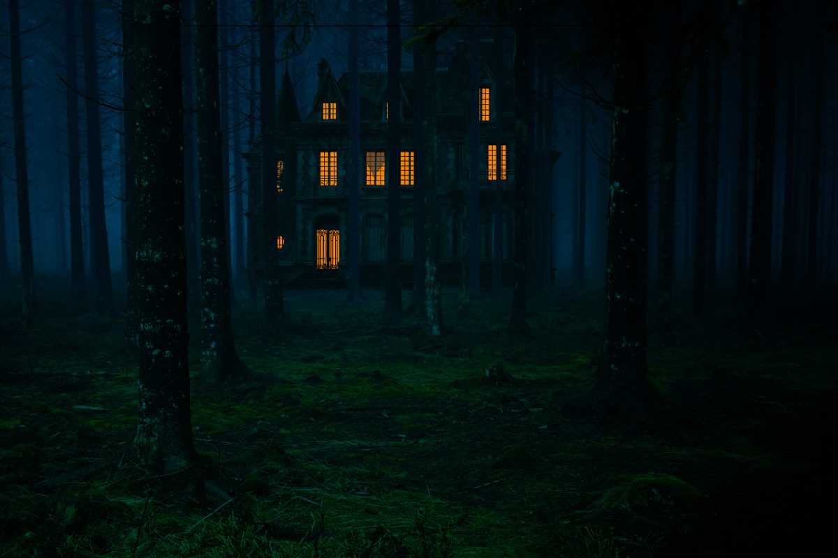 haunted, house, scary, halloween, forest, night, dark, mysterious, ghost house, blue, lights, ominous, enigmatic, horror, nature, dark forest, fearful, shadows, apparition, gothic architecture, clearing