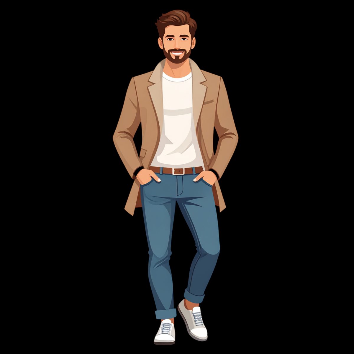 man, cartoon, fashion, stylish, pose, modern, denim, jacket, beard, occupation, confident, pants, shoes, white, brown, streetwear, casual, menswear, graphic, figure