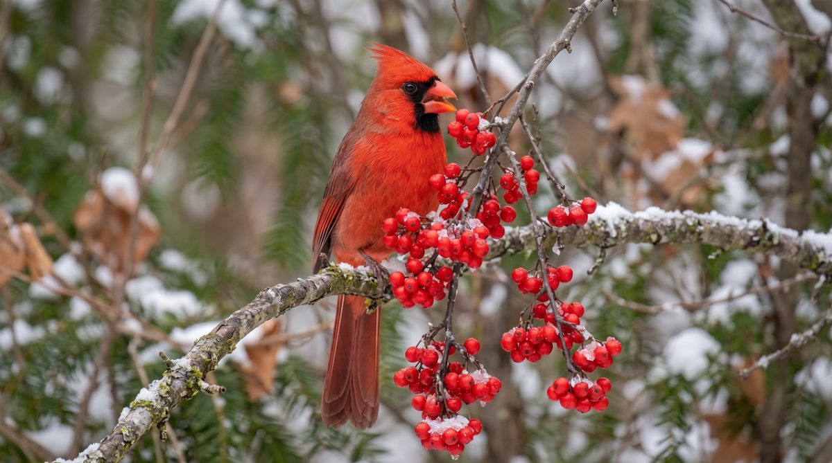 northern bird, winter landscape, red bird, cardinal, berry fruit, red berries, nature, winter, bird on branch, forest, wildlife, landscape, natural scene, natural beauty, outdoor, red and white contrast, botany, ornithology, environment, natural habitat