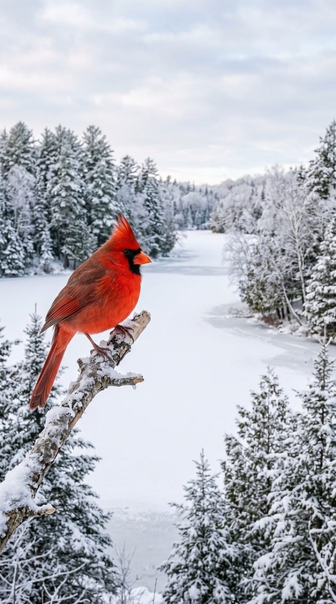 cardinal, winter, snow, tree, frozen lake, forest, outdoor, nature, bird, wilderness, winter landscape, winter scene, wildlife, sky, freshwater, magnification, sharp, scenery, branches, tranquility