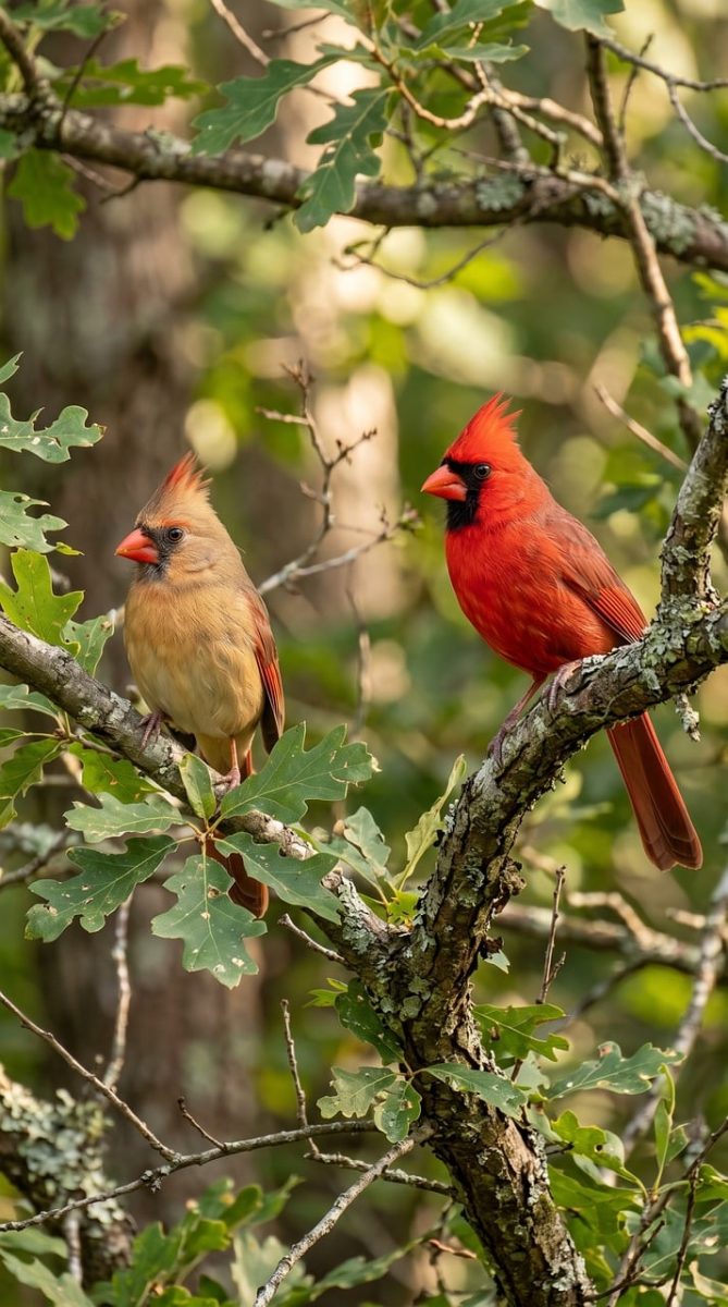 northern cardinal, north america, male and female, bird couple, wildlife, tree branch, yellow bird, red bird, bird migration, natural habitat, ornithology, spring season, bird watching, beak, feathers, sexual dimorphism, natural scenery, branches, green leaves, red crest