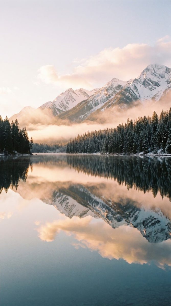 mountains, lake, reflection, winter, snow, trees, forest, nature, clear, sky, scenery, dawn, calm, morning, clouds, fresh, silence, panorama, mountains and lake, sunrise