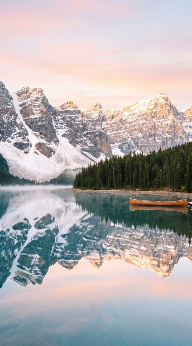 lake, mountains, reflection, canoe, forest, sunset, nature, panorama, calm, scenery, canada, moraine lake, canadian rockies, morning, wilderness, hiking, adventure, clear water, nature reserve, tranquility