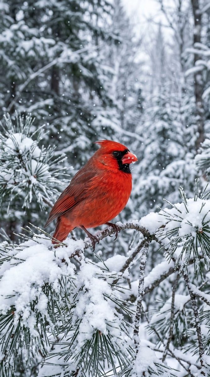 cardinal, snow, winter, fir tree, laden, forest, wilderness, nature, bird, red, branches, avian world, state of the city, deforested, pet, songbird, natural environment, snowy, simplicity, czech republic, birdwatching
