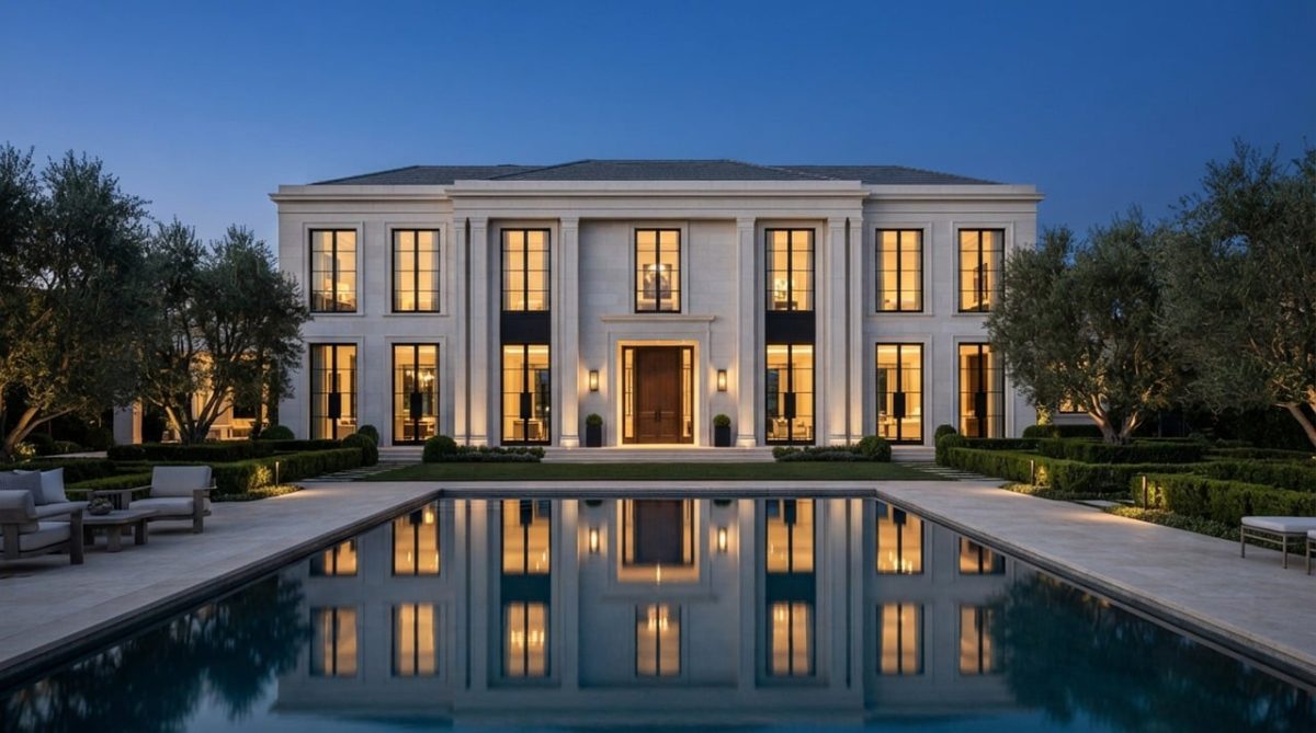 villa, luxury, nature, exterior, twilight, pool, modern architecture, grandeur, evening, reflection, empty, outdoor seating, row of trees, symmetry, night lighting, garden, architectural style, sunset, lawn, terrace