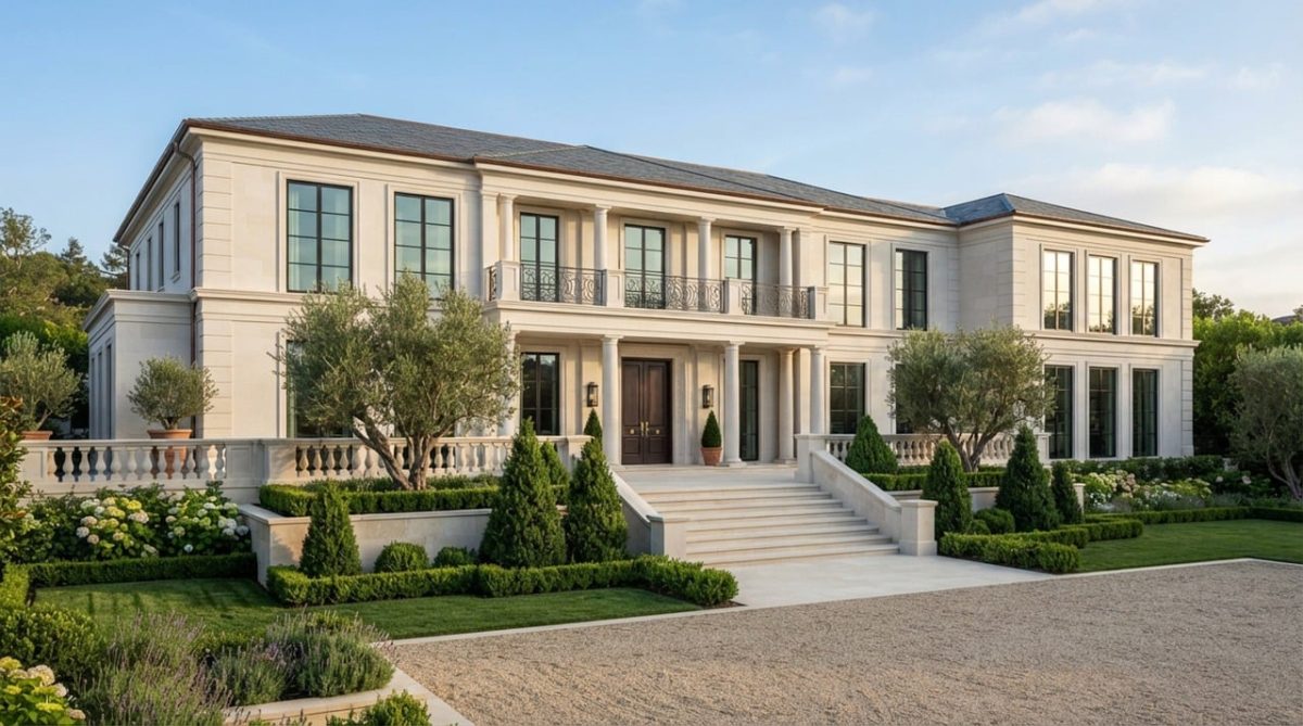 luxury villa, architecture, mansion, suburban, garden, provence style, nature, front yard, large windows, stairs, green, clear sky, elegance, affluent, luxury property, symmetry, splendor, living space, contemporary, two-story, balcony